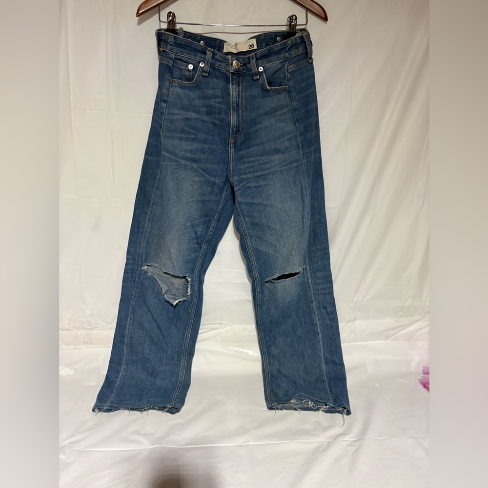 rag & bone Women's Distressed Blue Wide-Leg Jeans